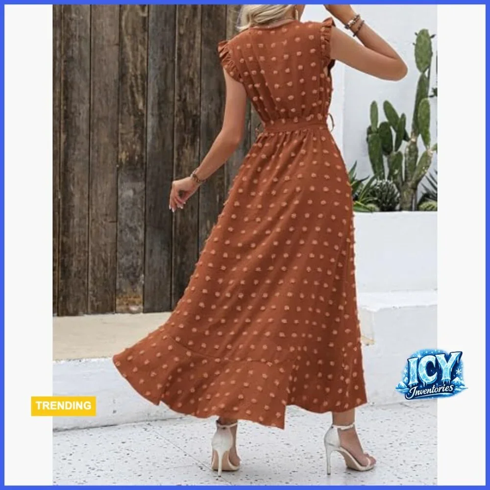 Swiss Dot Maxi Dress with Cap Sleeves and Wrap Ruffle Hem